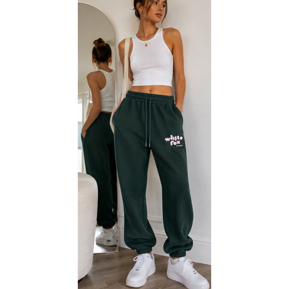 White Fox Boutique 4th Edition Sweatpants Forest Green Pink Logo Joggers Small